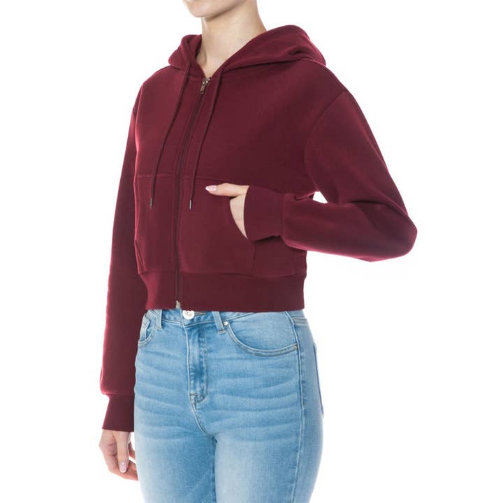FLEECE LONG SLEEVE ZIP UP CROP HOODIE JACKET for wholesale by Timeless
