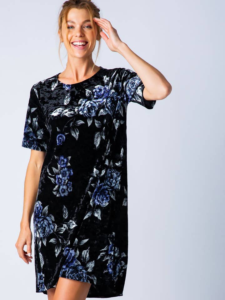 Velvet Floral Print Shirt Dress for wholesale by Bloidy