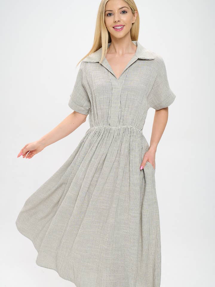 Made in USA Striped Print Collared V neck Dress with Pockets for wholesale by Renee C.