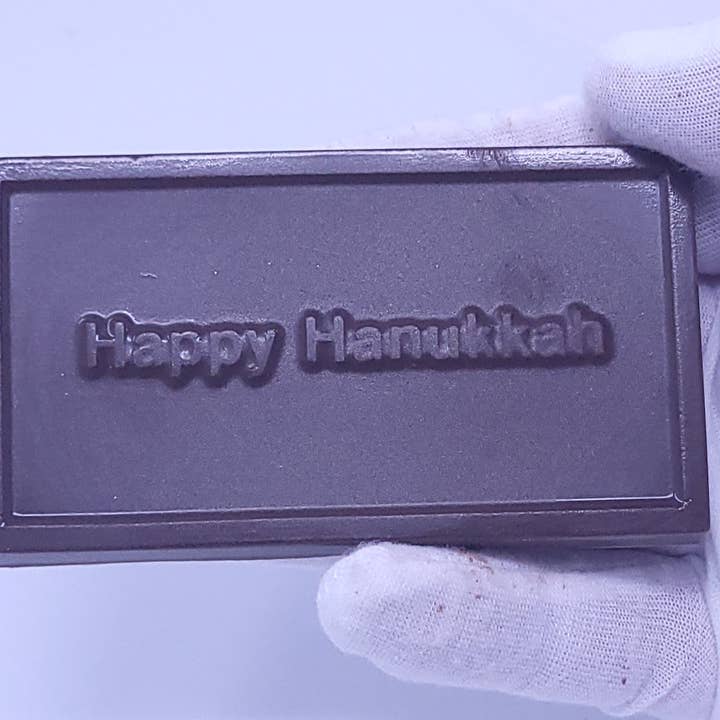 Happy Hanukkah' Small Card Solid Chocolate (optional Gold) for wholesale by Wild Angel Treats, LLC