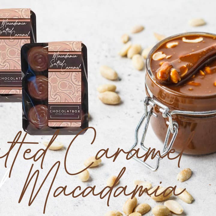 Belgian Milk Chocolate Roasted Macadamia Salted Caramel for wholesale by ChocolatBox