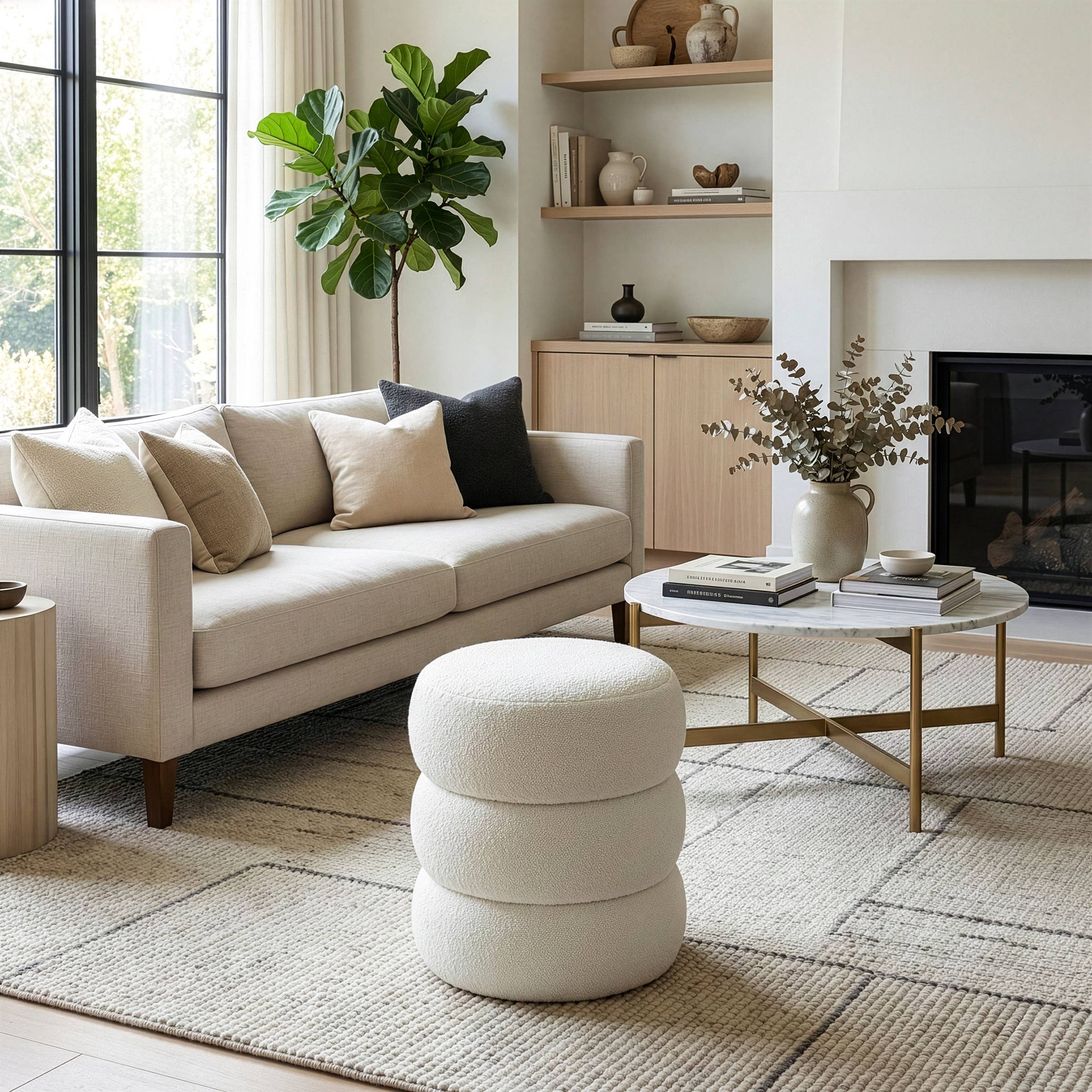 Glamour Home - Wholesale Ottoman - Azaria White Boucle Fabric Round Tufted Ottoman