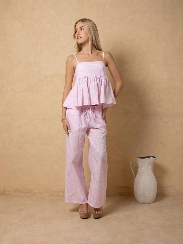 NW2063 - Pastelroze Lijnen Print Babydoll Katoenen Top voor wholesale door Seaspice Resort Wear