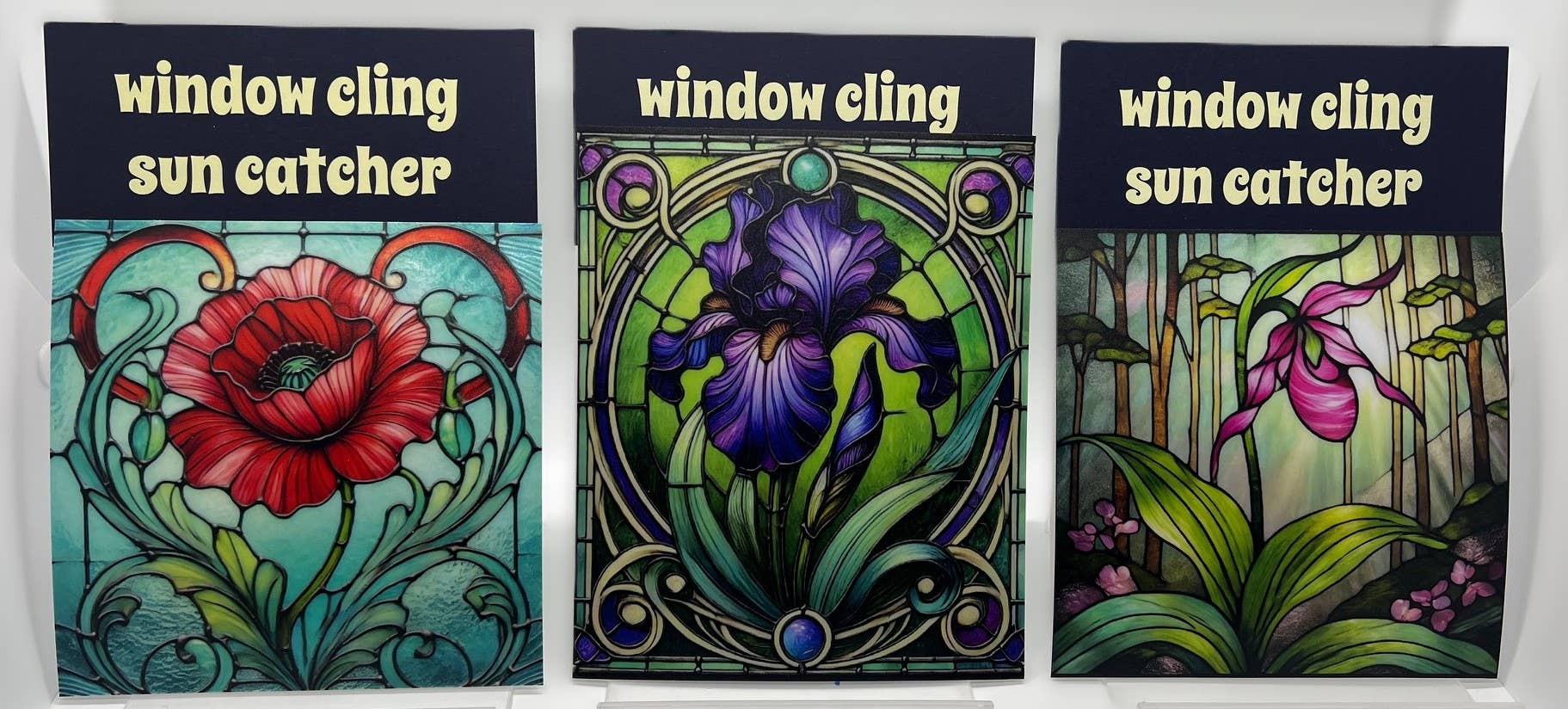 Cosmic Artware - Wholesale Suncatcher -  Art Nouveau Iris Stained Glass Vinyl Window Cling 5x6"4