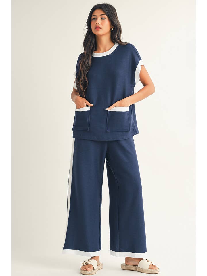 Little Daisy Closet - Wholesale Top & Pant Set (NOT Loungewear) - Women's - LDC Color Block Pocketed T Shirt and Wide Leg Pants Set