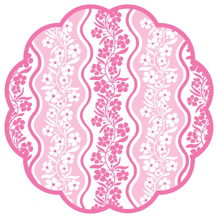 Pink Floral Scalloped Round Paper Placemats | Set of 24 for wholesale by Lucy Grymes Designs