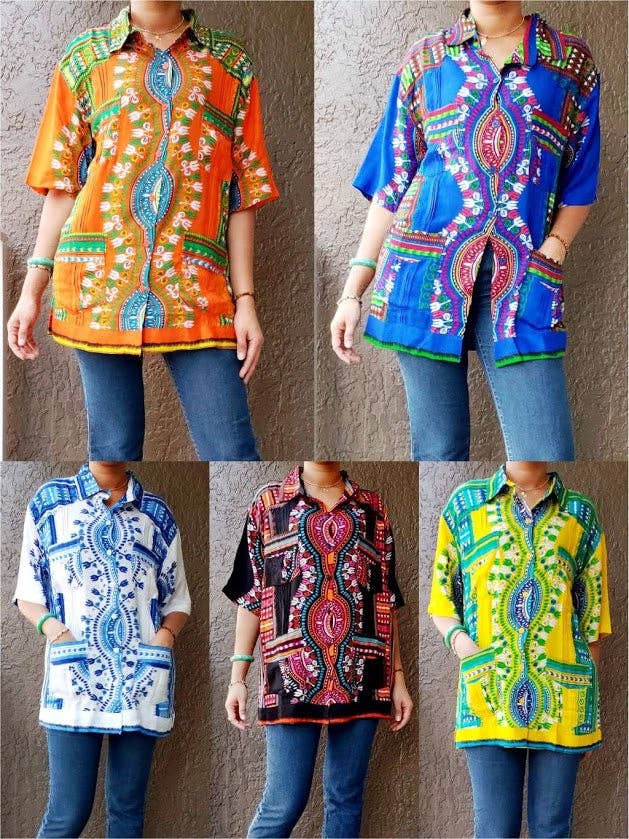 India Batik - Wholesale Button Down Shirt - Unisex - Short Sleeve Dashiki Shirt-AA-3632