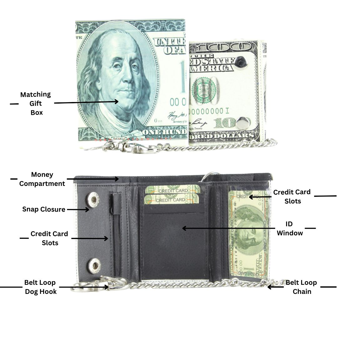 Leather Impressions Inc - Vendita all'ingrosso Portafogli - Donna - Vecchio portafoglio a catena in pelle vegana con stampa da $100 con confezione regalo3