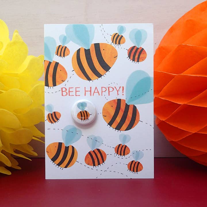 Bee Happy - Greeting card with badge for wholesale by The Black Rabbit