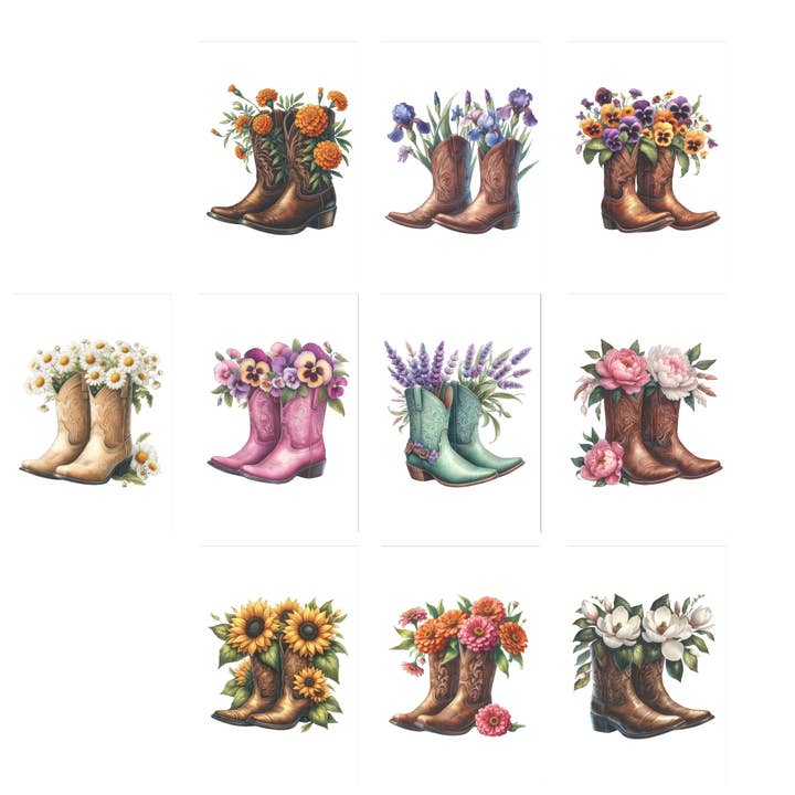 10 Handmade Notecards 4x6 with Envelopes Blank Cowgirl Boots and Flowers for wholesale by Blue Morning Expressions