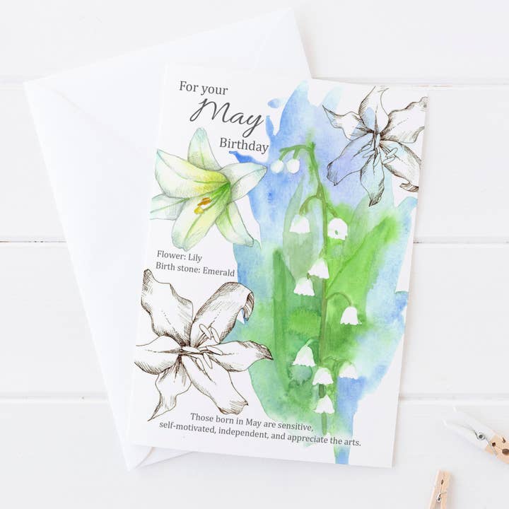 Biglietto di auguri per il mese della nascita del mughetto di maggio per la vendita all'ingrosso da parte di Rugosa & Pine