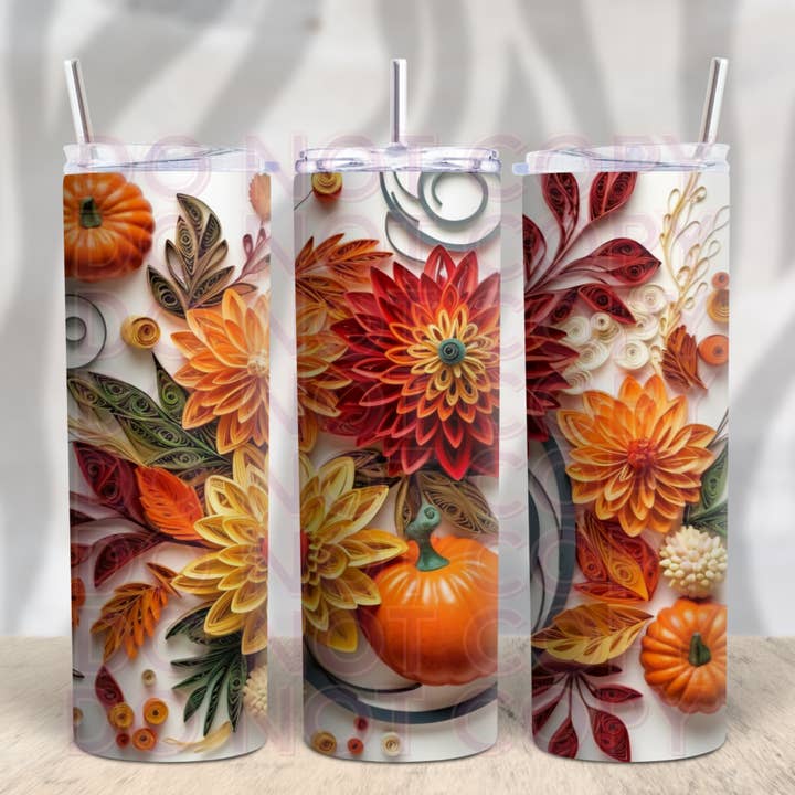 Faux 3D Mums and Pumpkins 20oz Tumbler for wholesale by GrapeVineWholesale