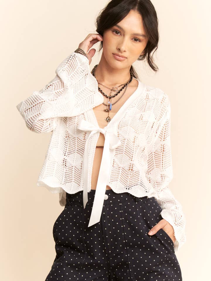 CROCHET TIE RIBBON TIE FRONT CARDIGAN TOP for wholesale by Davi & Dani