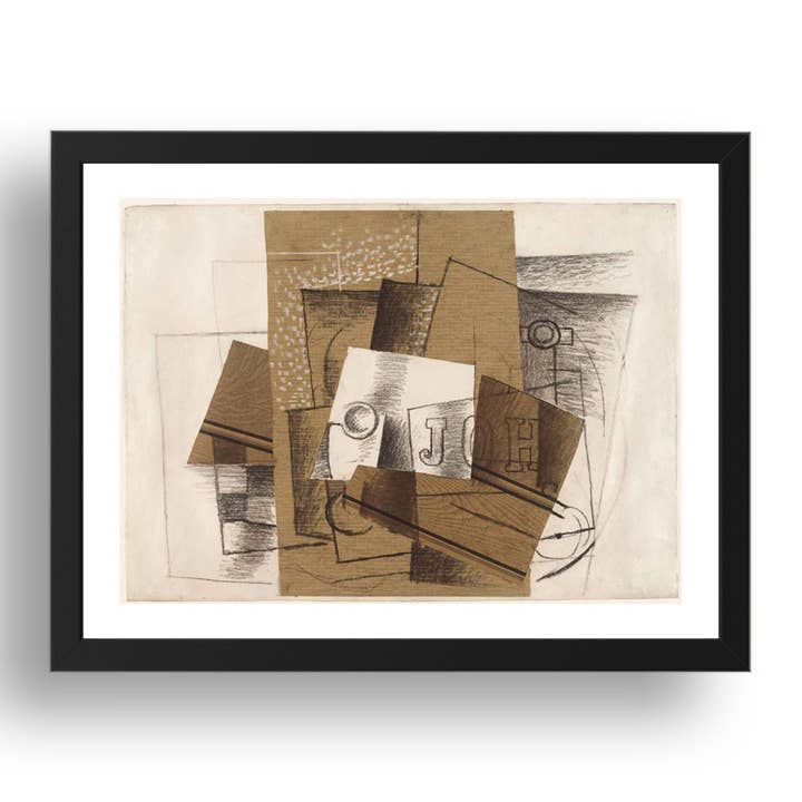 Georges Braque: Stilleben med glas och bokstäver, modernistiskt konstverk, A3-storlek reproduktionsaffisch i 17x13" svart ram för wholesale av PERIOD PRINTS