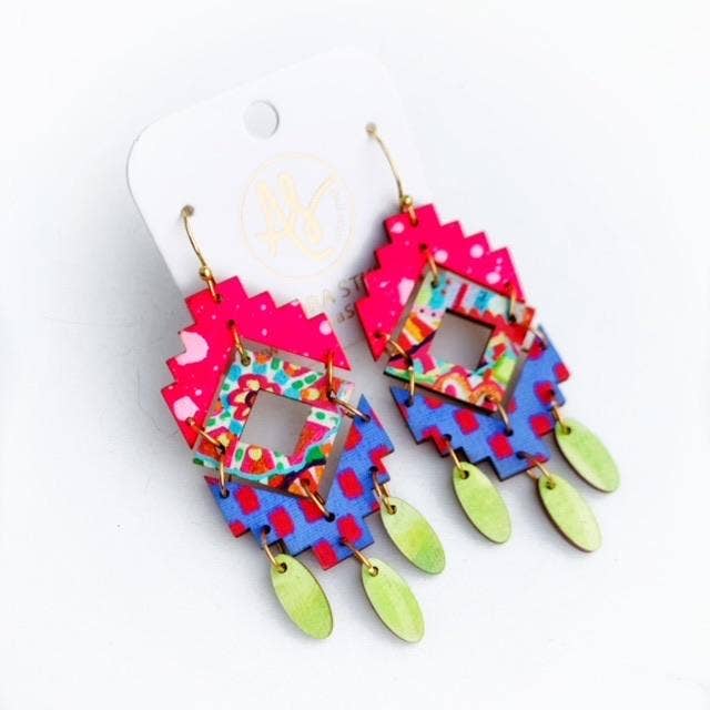 Naomi - Hot Pink Floral Print Polka Dot Pattern Mix Statement Earring for wholesale by Audra Style