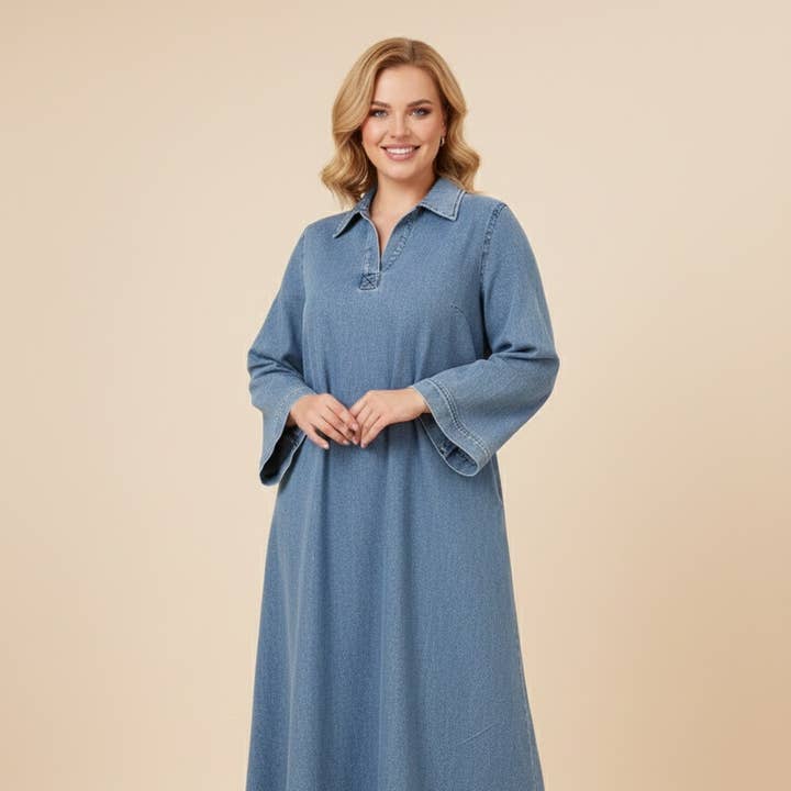 Premium Lange Spijkerjurk Met Overhemdkraag Y006 - Lusa Mode voor wholesale door LUSA MODE