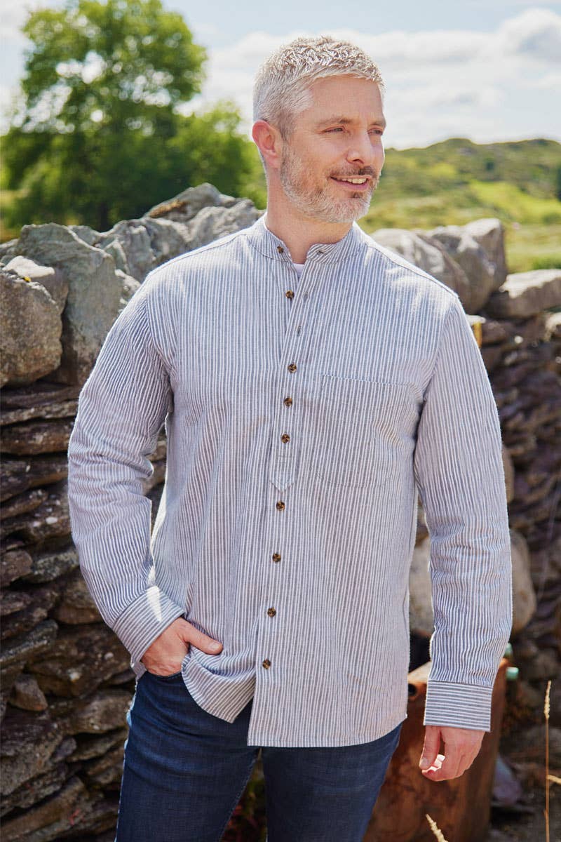 Lee Valley Ireland - Wholesale Button Down Shirt - Men's - Grandfather Shirt Vintage Ivory Pin Stripe on Grey (VR2)