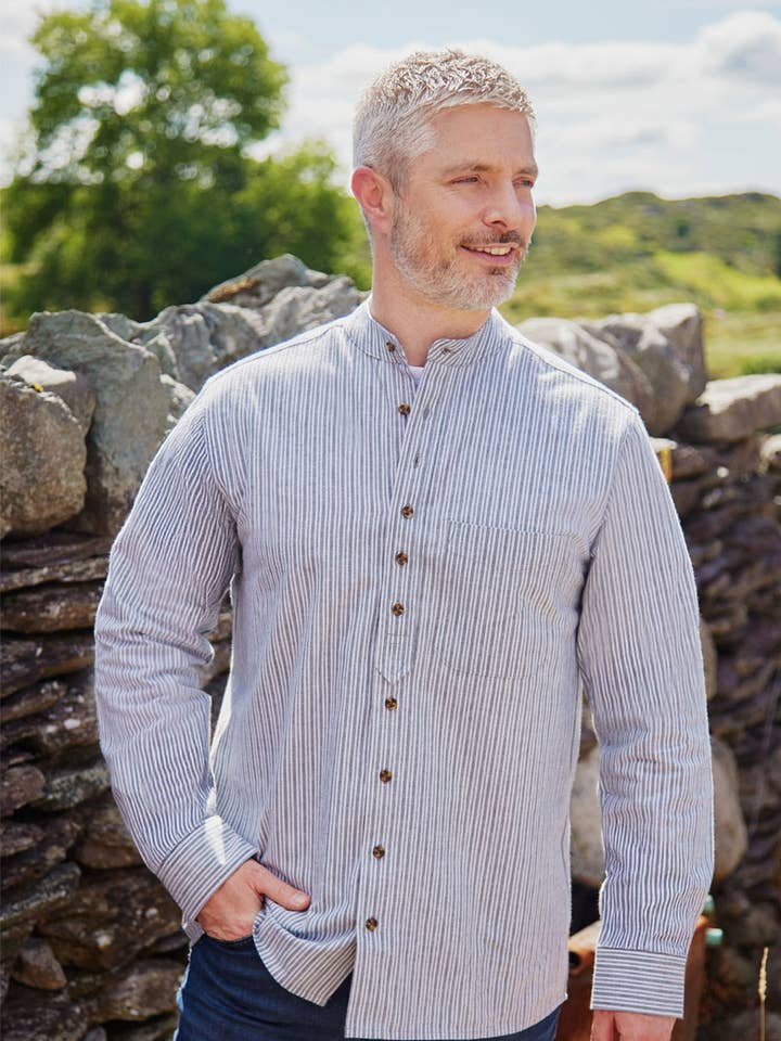 Lee Valley Ireland - Wholesale Button Down Shirt - Men's - Grandfather Shirt Vintage Ivory Pin Stripe on Grey (VR2)0