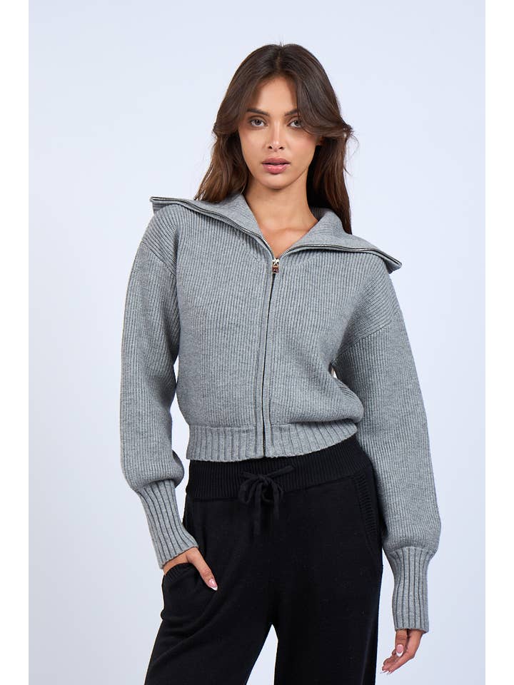 Sky to Moon - Wholesale Knit Sweater - Women's - SOLID COLOR WIDE COLLAR CROP ZIP SWEATER
