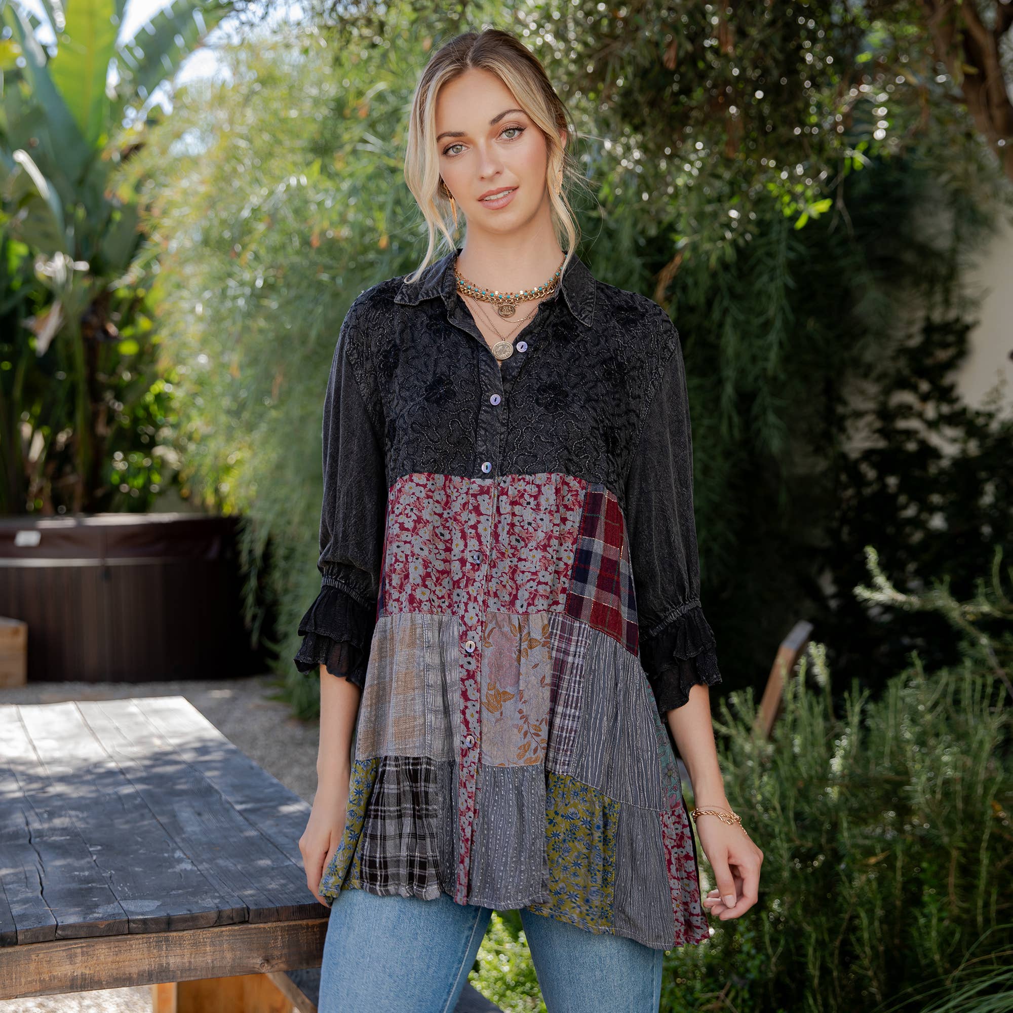 Young Threads - Wholesale Blouse - Women's - Western Denim Yoke Patchwork Tiered Tunic Top (New Color)23