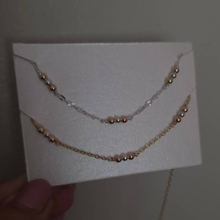 Tri tone mixed metal beaded chain by the foot, GF, RGF &SS for wholesale by Half Moon Jewelry Designs