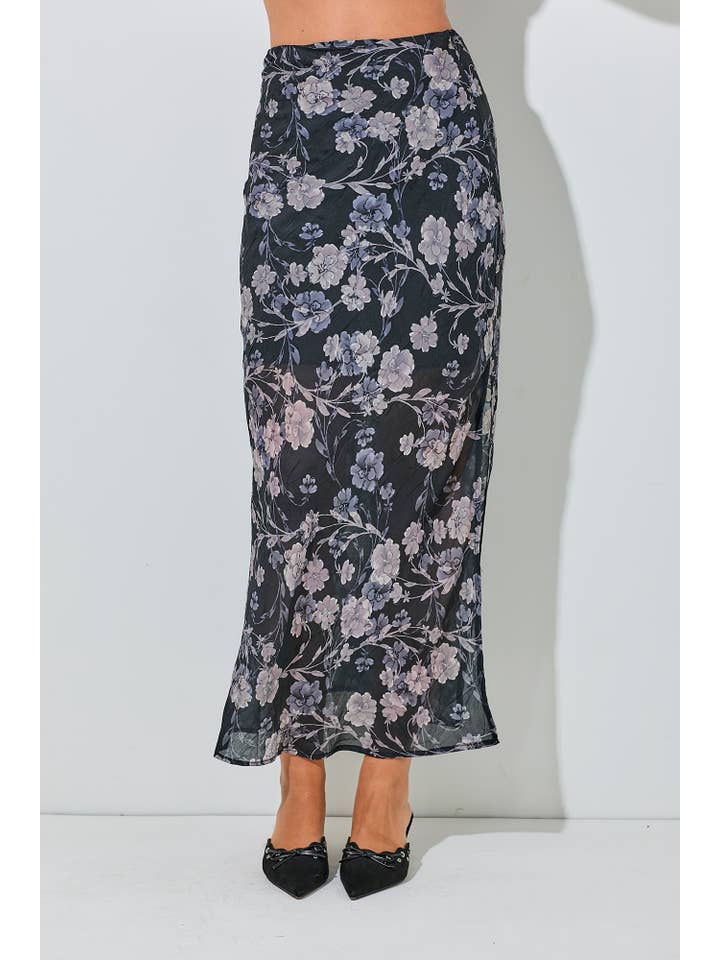 Baevely by Wellmade USA – Engroshandel Nederdel - Dame – SATIN MAXI NEDERDEL MED BLOMSTERPRINT