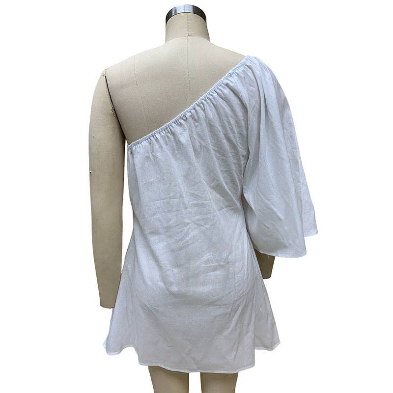 Sheer Trend - Wholesale Dress - Women's - Loose Three-Quarter Sleeves Asymmetric Elasticity Solid Color One-Shoulder Mini Dresses3