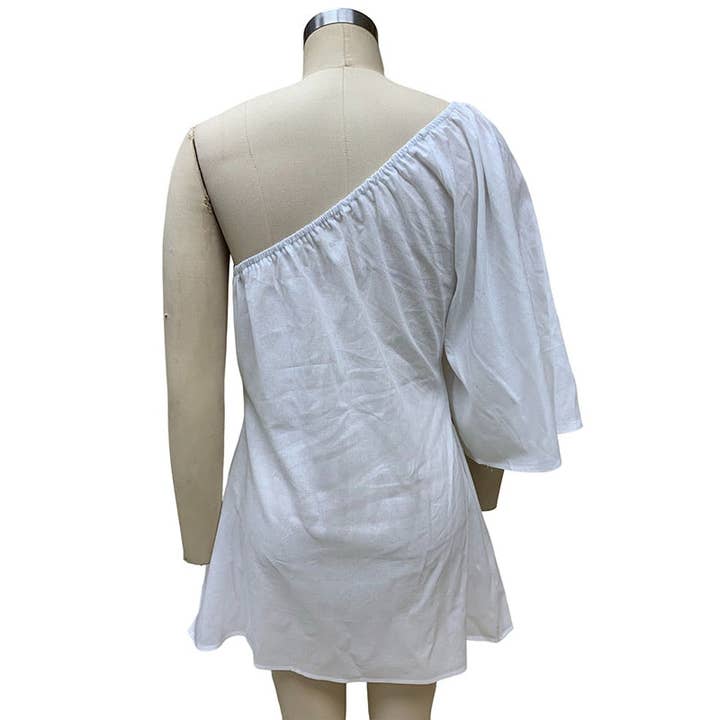 Sheer Trend - Wholesale Dress - Women's - Loose Three-Quarter Sleeves Asymmetric Elasticity Solid Color One-Shoulder Mini Dresses3