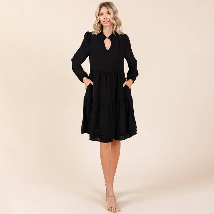 ROLYPOLY - Wholesale Dress - Women's - V Neck Long Sleeve Tiered Ruffle Hem Dress