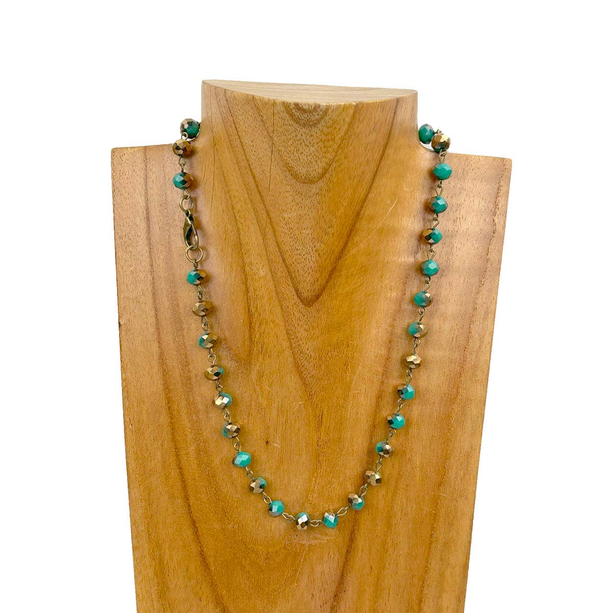 Western Elite Jewelry - Wholesale Beaded/Pearl Necklace - NKZ231116-48                17 Inches copper metal chain with green face cut crystal beads Necklace5