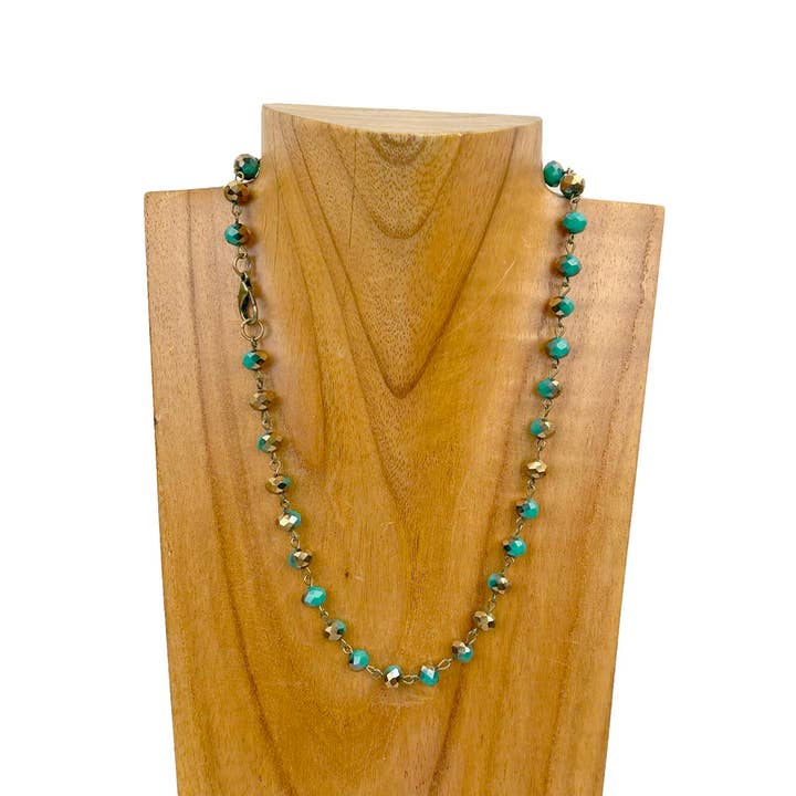 Western Elite Jewelry - Wholesale Beaded/Pearl Necklace - NKZ231116-48 17 Inches copper metal chain with green face cut crystal beads Necklace5