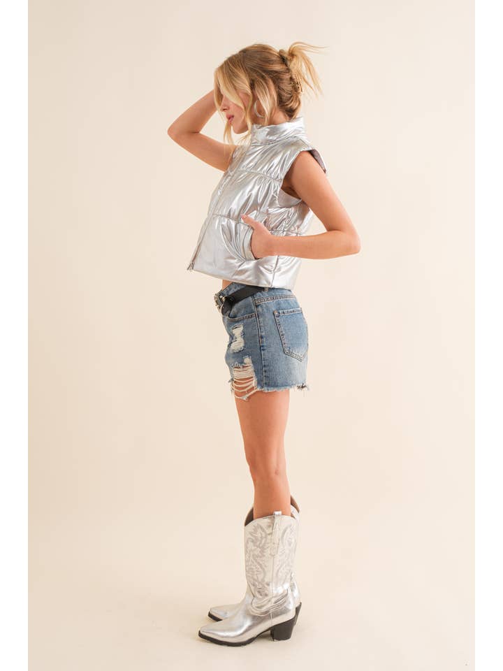 Blue B - Wholesale Outerwear Vest - Women's - 22656J - Gloss Shiny PU Quilted Puffer Zip Up Crop Vest16