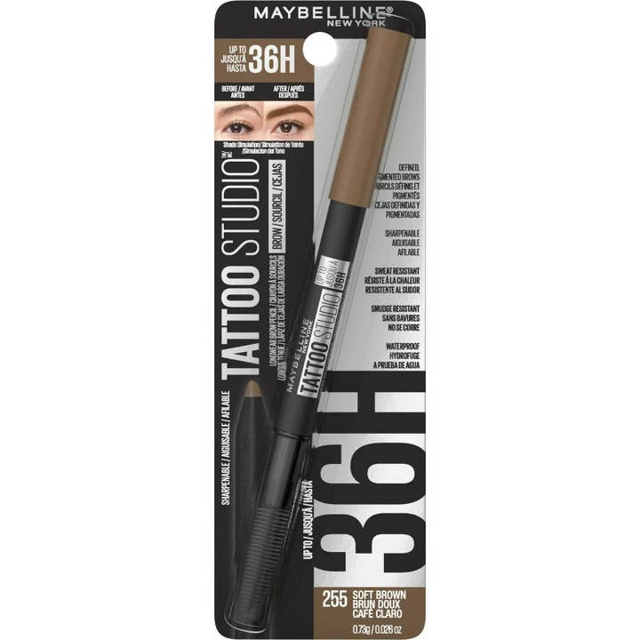 Maybelline TattooStudio 36HR Waterproof Wenkbrauwpotlood Spoolie, Soft Brown 255 voor wholesale door Super Stock Wholesale