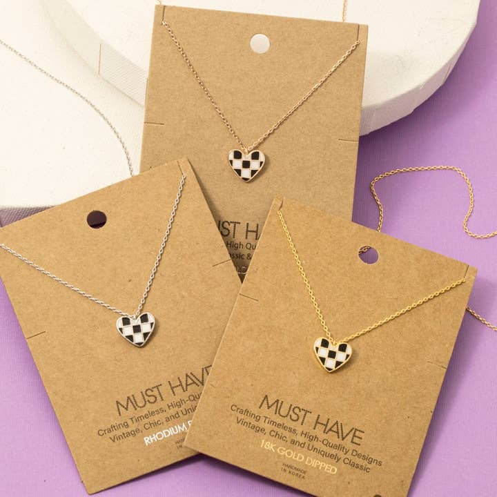 Fame Accessories - Wholesale Pendant/Charm Necklace - Gold Dipped Epoxy Checkered Heart Pendant Necklace