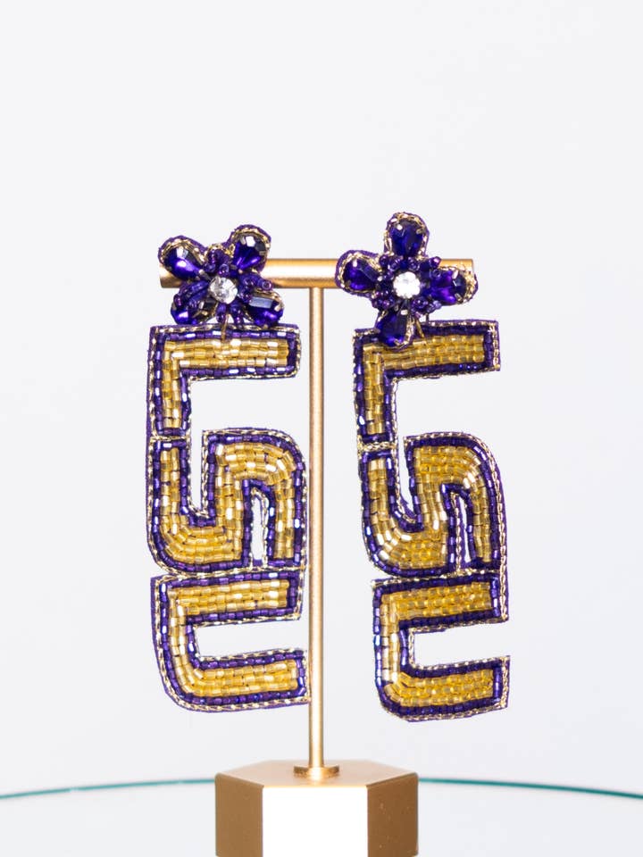 LSU (Licensed) | Custom Beaded Earrings (Purple Topper) for wholesale by BOMB DESIGNS