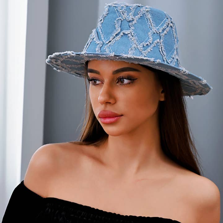 Sensibling Corp. - Wholesale Fedora - Women's - Vintage Frayed Denim Fedora Hat