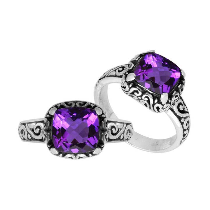 AR-6182-AM Sterling Silver Amethyst Quartz Ring With Balinese Scroll Engraving – Wholesale Handcrafted Jewelry for wholesale by Bali Designs