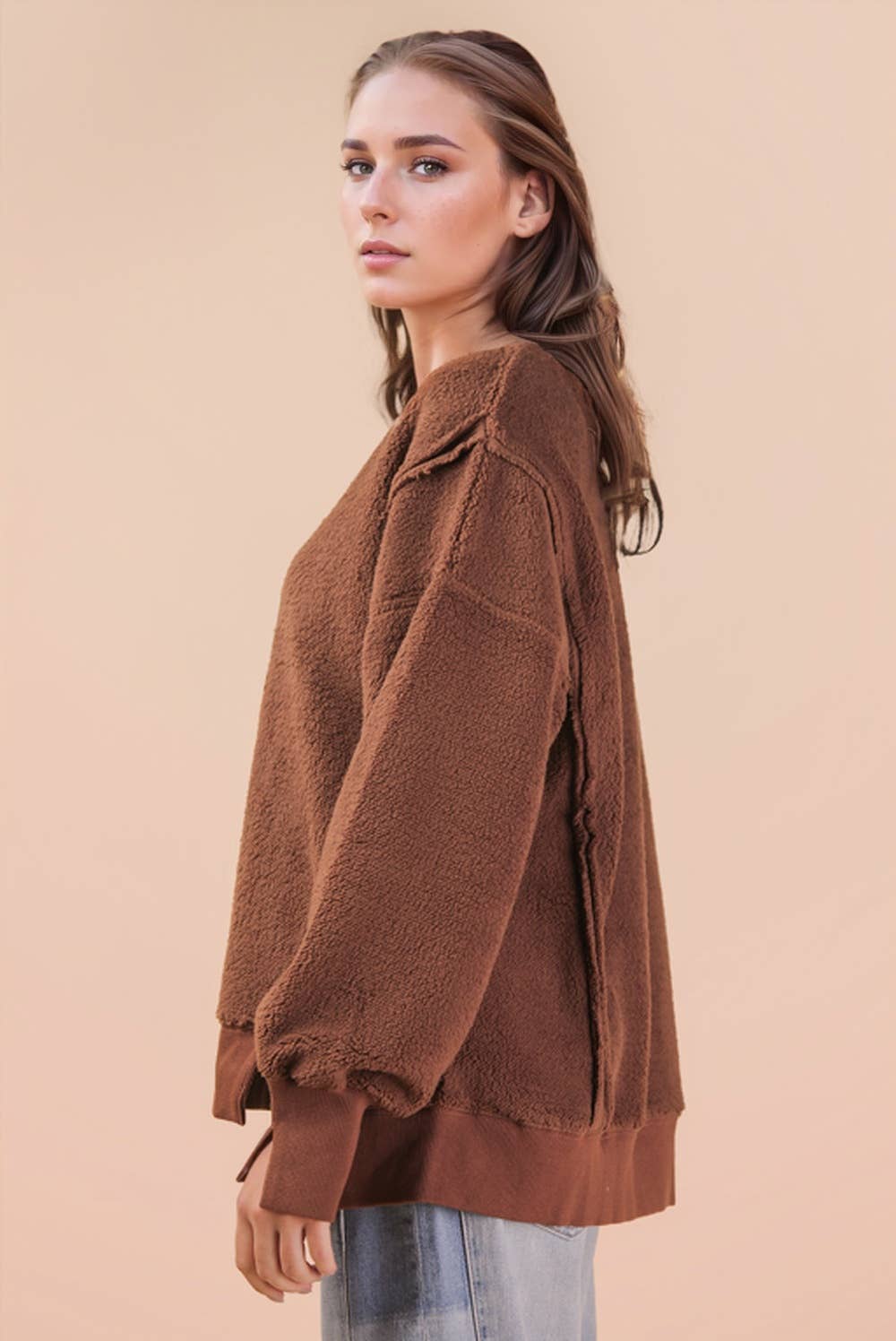 VERY J - Venta al por mayor Sudadera - Mujer - NT12367-Top de forro polar sólido casual de gran tamaño7