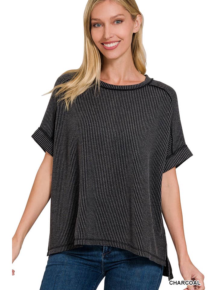 42POPS – wholesale Stickad topp - Dam – .Corded Rib Kortärmad Topp med Rå Kant7