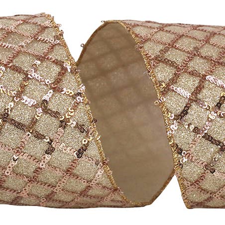 RELIANT RIBBON - Wholesale Ribbon - Gift Wrapping - Sequin Glimmer Lattice Deluxe Wired Edge, Rose Gold, 4 In