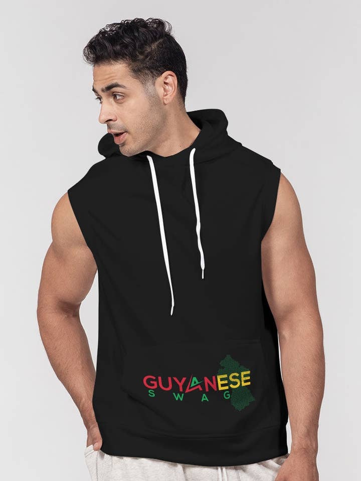 Nero Felpa con cappuccio senza maniche pesanti da uomo premium Guyana Swag Guyana Map in vendita all'ingrosso su Faire