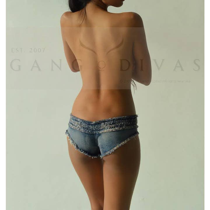 Double frayed hem cheeky denim microscopic jean shorts for wholesale by GANG OF DIVAS
