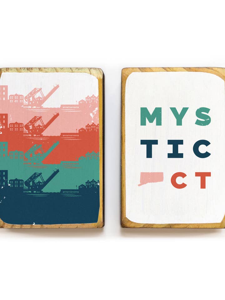 Mystic, Connecticut, Retro Skyline - Sujetalibros para venta al por mayor de ARCHd