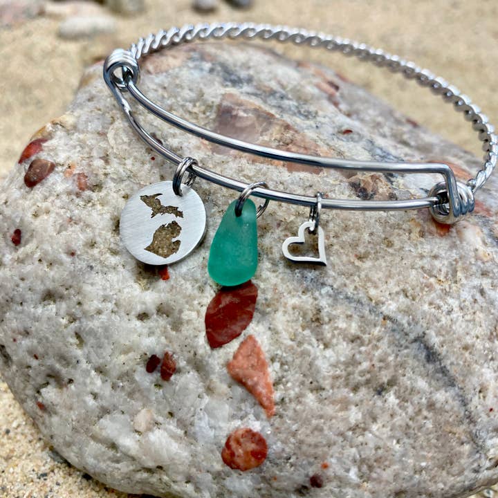 Green Beach Glass Michigan Sand Cutout Expandable Bracelet for wholesale by My Captured Journey