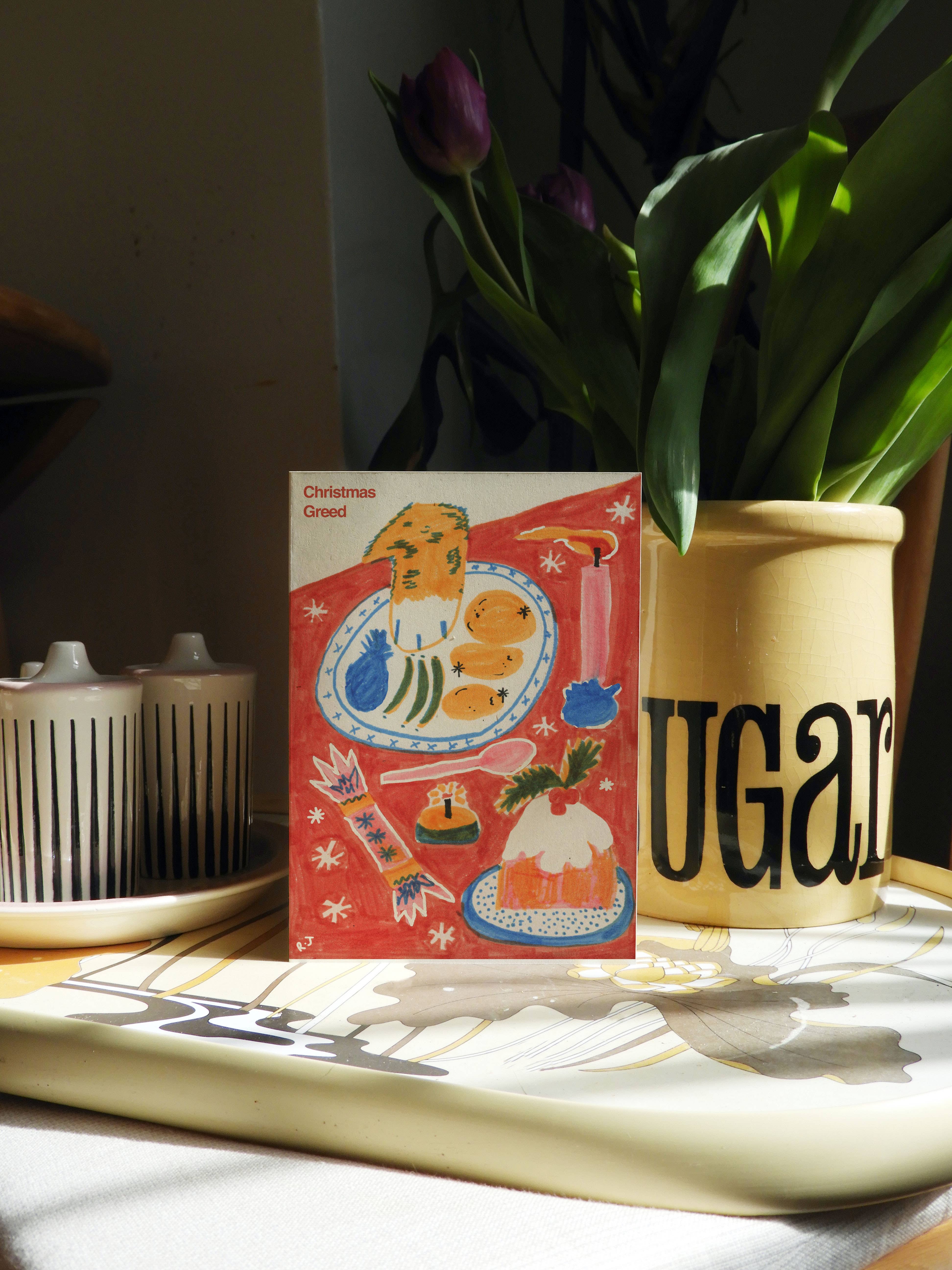 Rebecca Joy Ltd - Vente Cartes de Noël - 'Noël Cupidité' | Folk | Confortable | Drôle | Carte de Vœux A62