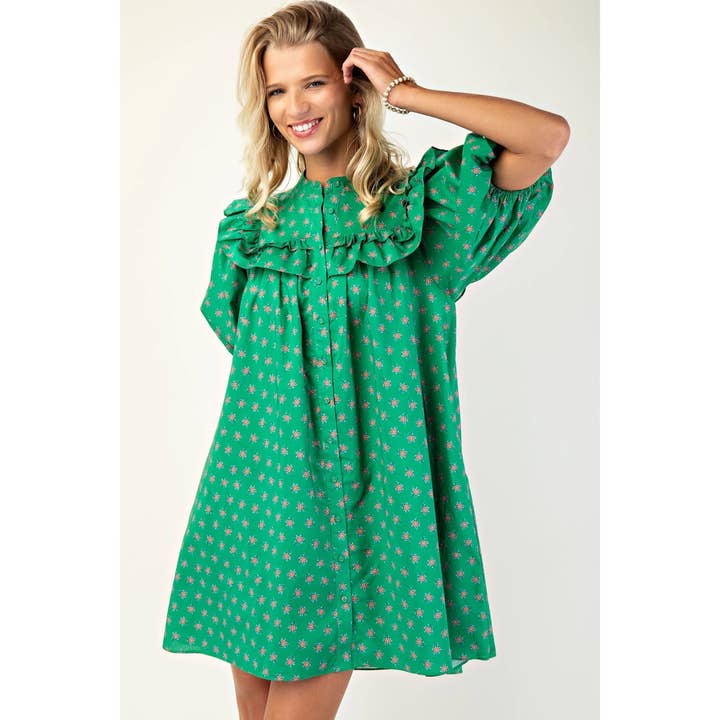 Robe imprimée à col mandarin avec manches bouffantes et volants pour la vente par BNS