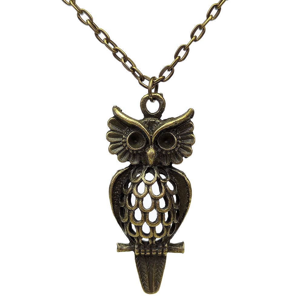 Stylish Jewelry Supply – wholesale Pendant/charm necklace – Large Hollow Owl With Feathers Antique Bronze Necklace0