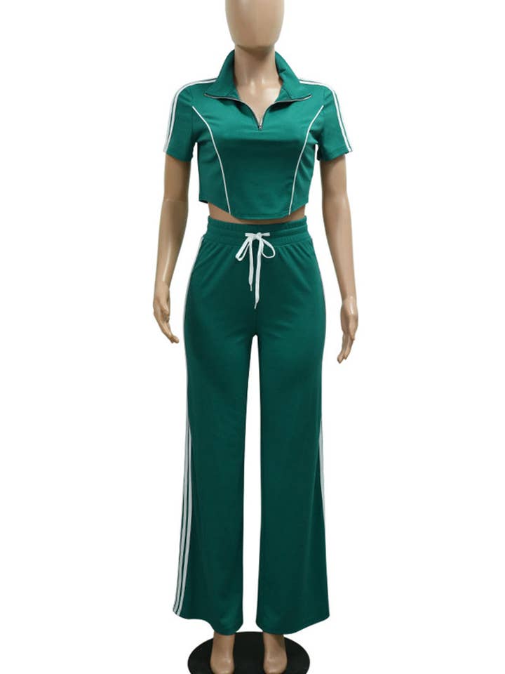 Mccolin - Wholesale Top & Pant Set (NOT Loungewear) - Women's - Zip-Up Crop Top and Wide-Leg Pants Set2