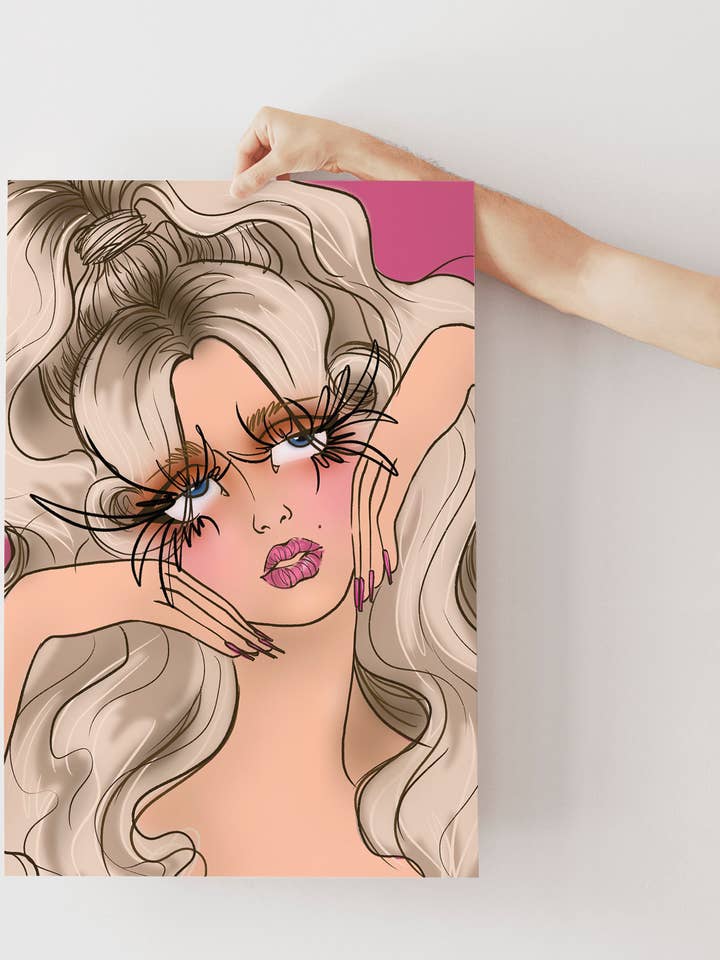 Pink and Orange Big Hair Blonde Girl Portrait Art Print for wholesale by Rhinestone Rodeo Art