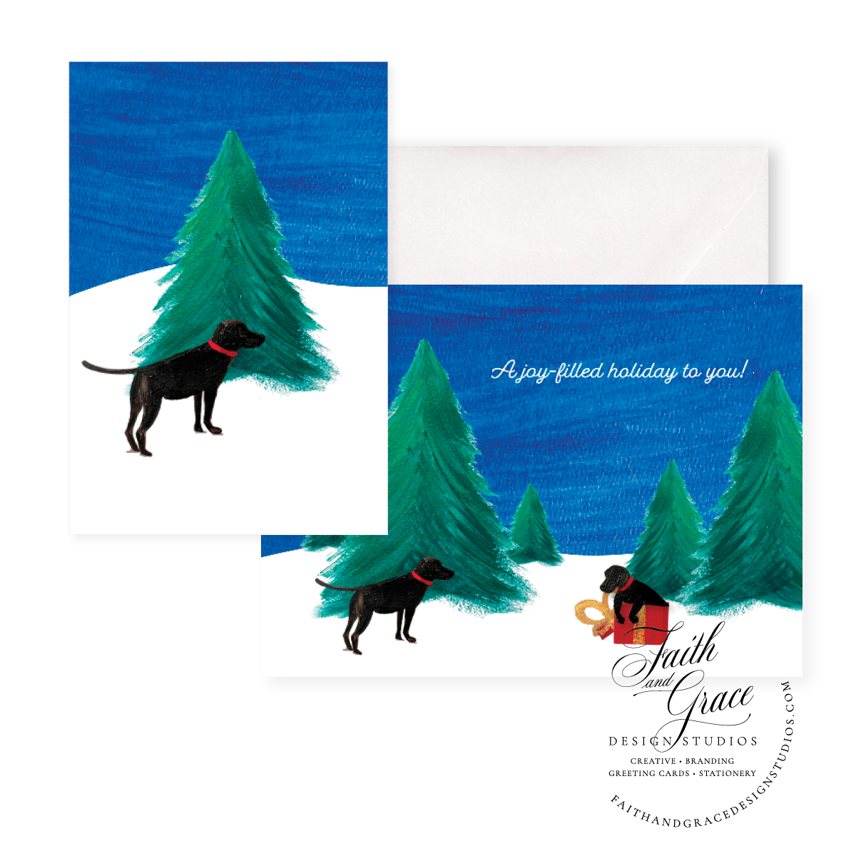 Faith and Grace Design Studios - Wholesale Christmas Card - Christmas Trees, Playful Black Labradors - A Joy-Filled Holiday1